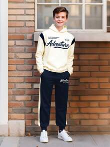 2pcs/Set Teenager Boys Thick Hoodie & Sweatpants Set, Letter Print Casual Knit Long Sleeve Top & Pants Outfit, Autumn/Winter - Apricot - View 2