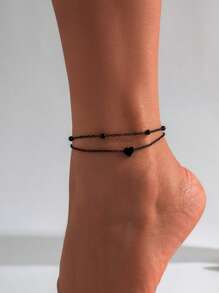 2pcs Mini Heart Beaded Anklet Set, Adjustable & Stackable Black Punk Style Anklet, Decoration For Beach, Party, Daily Wear, Birthday Gift For Friends - Anklet - View 3