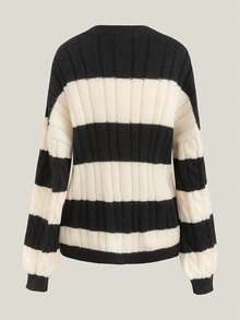 女士休闲条纹V领绞花针织套头毛衣，长袖宽松针织衫，适合日常穿着、返校季、街头风，Y2K秋冬黑色 - 黑色 - 查看 2