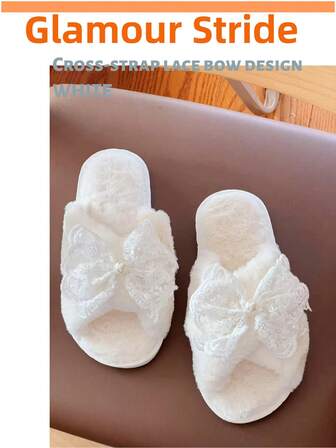 (Dad Can't Wear-serien) Bekväma, fluffiga vita tofflor med korsband och öppen tå för damer