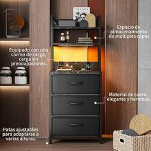Buros para recamara -Mesita De Noche de 6 Niveles,3 cajones Mesa Auxiliar con Estación De Carga de 2 enchufes y Puertos USB y Tira de luz LED,cajón de Tela de Cuero*3.(ármol+Negro) - Mármol+Negro - Ver 4