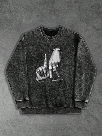 Sudadera de cuello redondo de manga larga con lavado negro para hombre con estampado de gesto de mano vintage, adecuada para uso diario casual, regalo para el novio