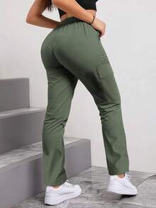 Women's Spring/Autumn Zipper Pocket Cargo Pants, Fashionable Large Pocket Design, Drawstring Elastic Waist, Casual Outdoor/Daily Wear Skinny Trousers - Army Green - View 4