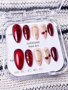 10pcs Handmade Almond White French Red Outline Red Starburst Metal Cherry Elegant Minimalist Sophisticated False Nails
