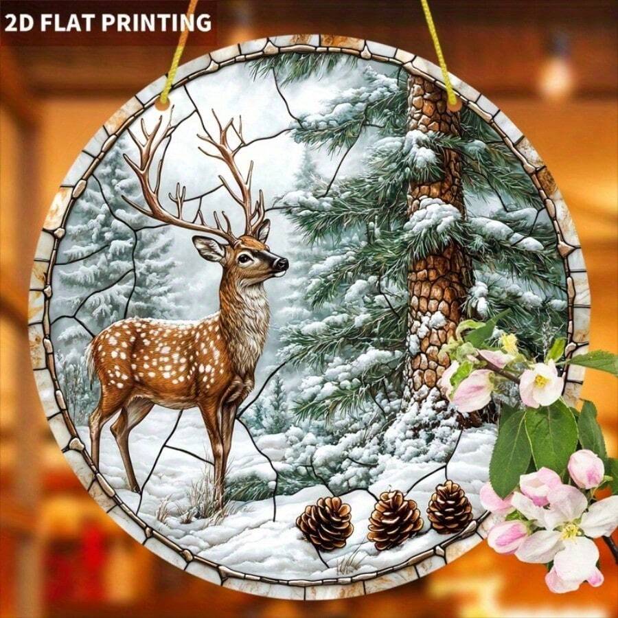 2D Flat, 2D Flat 1 Piece Winter Deer Catcher, 19.99x19.99 Cm Round Acrylic Logo, Stained Glass Style Window Pendant, Quiet Winter Wonderland Atmosphere, Suitable For Home, Office, Living Room, Christmas Gifts, 2D Flat Home Decor Christmas Decorations Room Decor