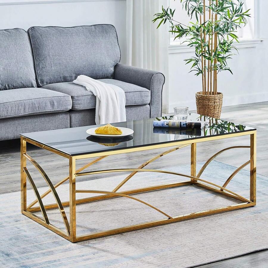 AINPECCA Frame Coffee Table Stainless Steel With Dark Grey Tempered Glass Design Living Room - Gold - View 1