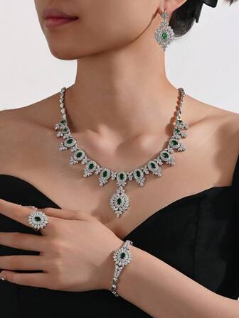 4pcs Sparkling Zirconia Bridal Jewelry Set, Middle Eastern Dubai Style Necklace, Earrings, Ring, Bracelet For Women Wedding