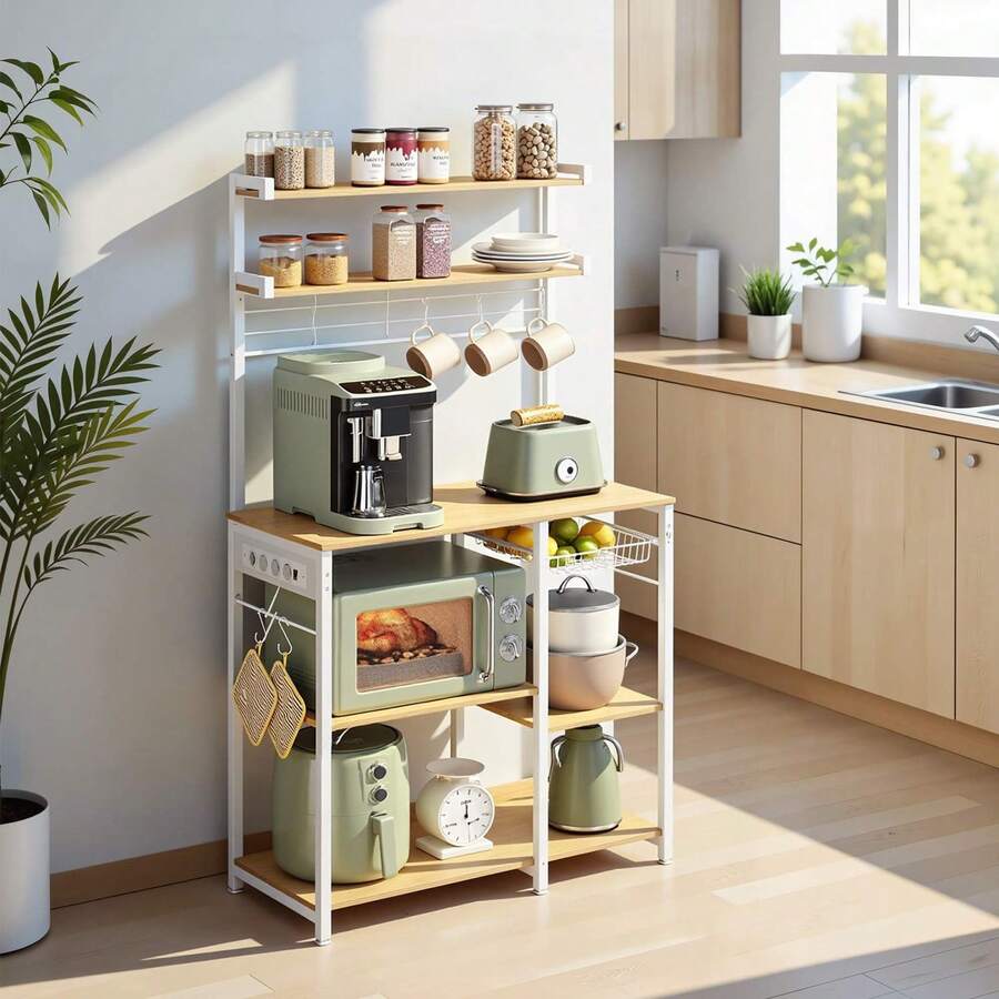 VASAGLE Kitchen Shelf, Standing Shelf with Sockets, Coffee Bar, Baker's Rack, 8 S-Hooks, with Basket, Spice Rack, 40 x 90 x 165.5 cm - Golden Oak + Cloud White - Übersicht 1