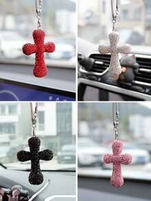 1pc Car Interior Pendant Rhinestone Cross Car Interior Rearview Mirror Decoration Car Interior Decoration Accessories