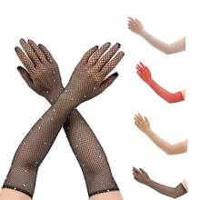 Fashionable Rhinestone Shiny Mesh Clubbing Sexy Black Fishnet Elastic Rhinestone Gloves, Suitable For Halloween & Carnival