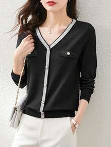 Contrast Trim V-Neck Knit Sweater For Women, New Autumn/Winter Long Sleeve Pullover Soft Fitted Top, Commuter Style