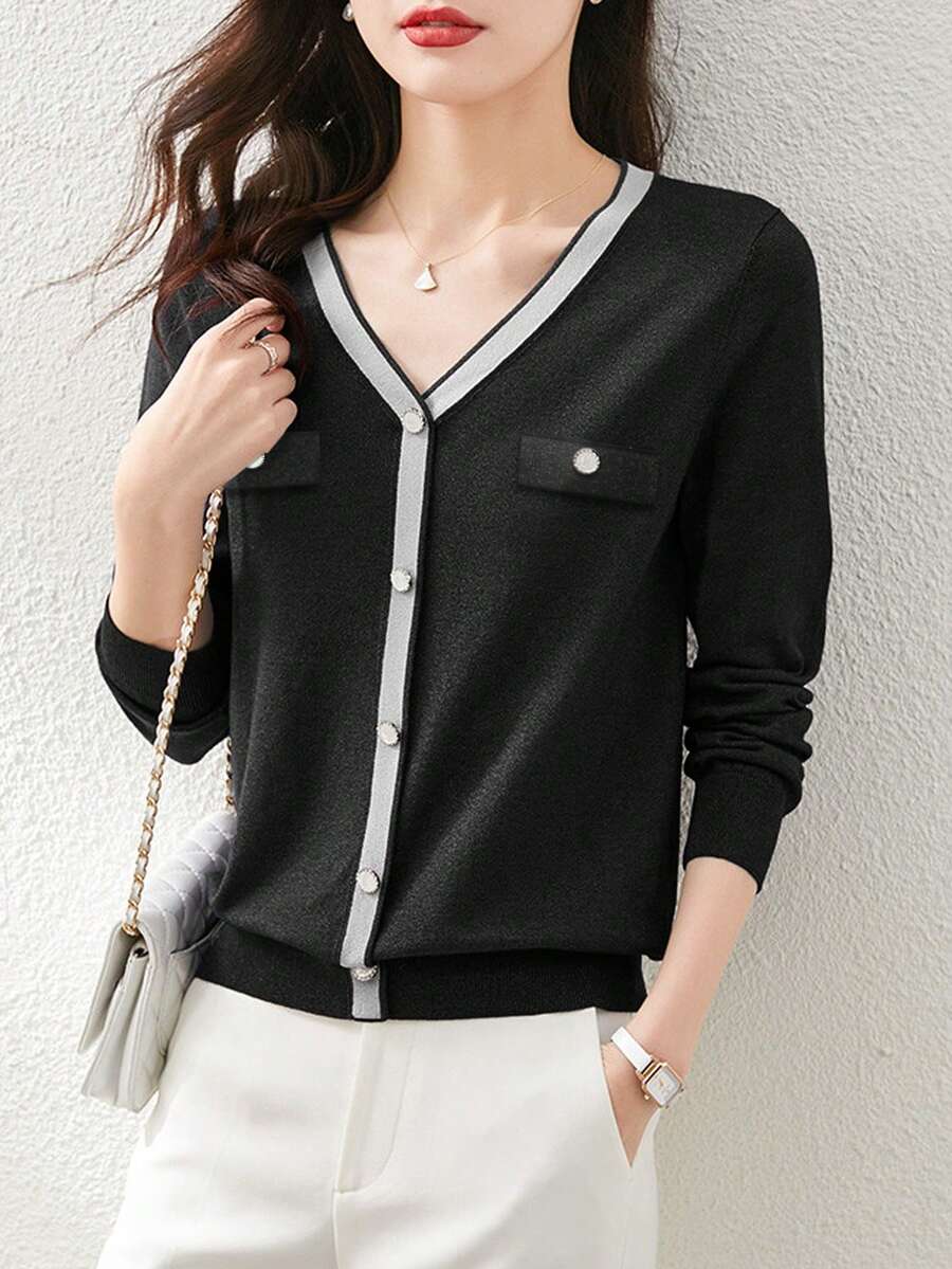 Contrast Trim V-Neck Knit Sweater For Women, New Autumn/Winter Long Sleeve Pullover Soft Fitted Top, Commuter Style