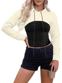 Women Crop Top Pullover Sweatshirt Long Sleeve Drawstring Hoodie - 杏子 - 查看 5