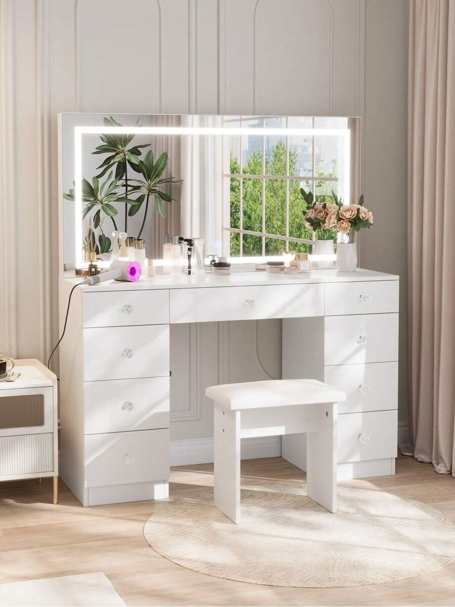 VOWNER 47.2" Large Vanity Desk With LED Lighted Mirror, Modern Makeup Vanity With Power Outlet, 9 Drawers And Soft Stool, 3 Color Light Modes, Brightness Adjustable, Bedroom Vanity Set Gifts For Girls Women, Halloween & Thanksgiving - Xem 1