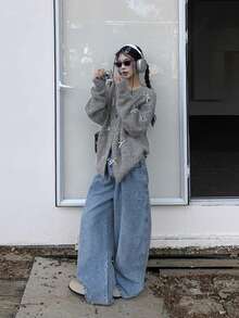 Solid Color Round Neck Loose Fit Bowknot Cardigan For Women, Autumn/Winter - Grey - View 5
