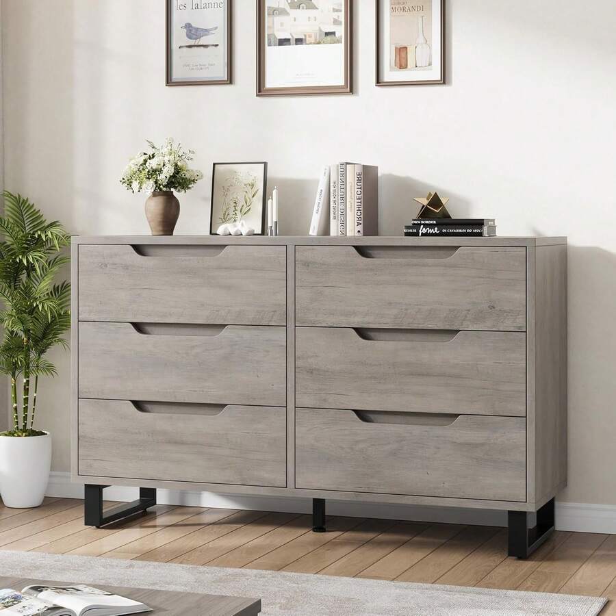 mteryoing Home 6 Dresser For Bedroom, 47.2" Wide Dresser, Freestanding Vertical Drawer Cabinet With Storage, Wooden Closet Storage Chest For Living Room, Hallway, Entryway - Xám - Xem 1