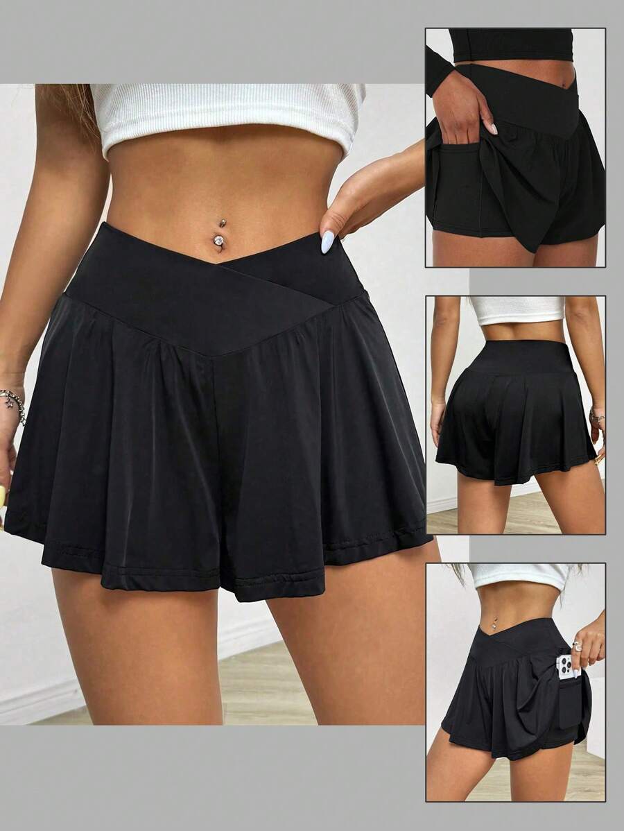 Plus Size Women's Casual Solid Color Knit Fabric Shorts, Asymmetric Design, Short Length, Comfortable Fit