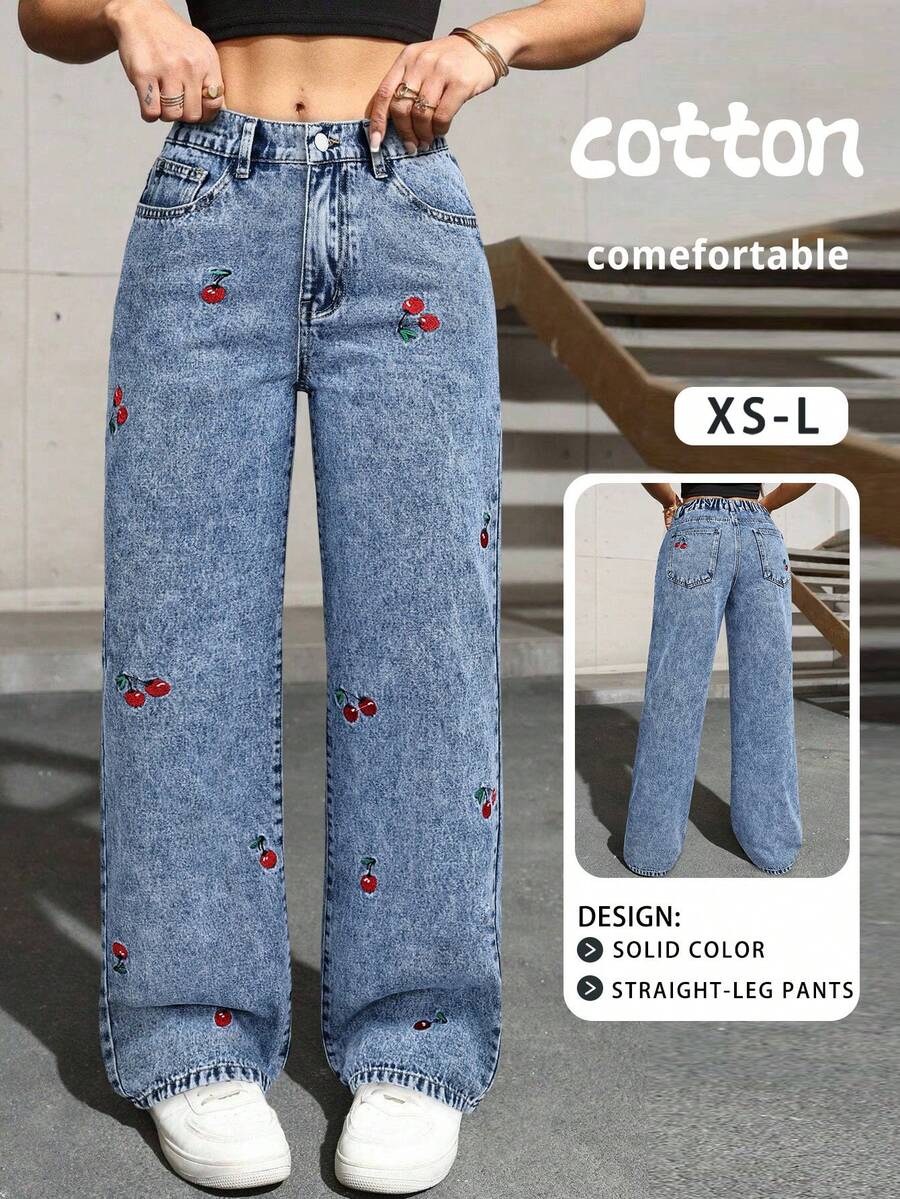 Elegant Cherry Embroidery Fashion Delicate Pocket Button Solid Color Pants, A Slightly Small Size Suitable For Spring, Summer, Autumn And Winter Daily Casual Outings, Commuting