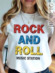 Camiseta blanca de mujer 180g, estilo casual, de algodón, con diseño de estampado "Rock and Roll Music Station", cuello redondo, manga corta, ideal para fans de la música y amantes del estilo moderno y juvenil. - Blanco - Ver 2