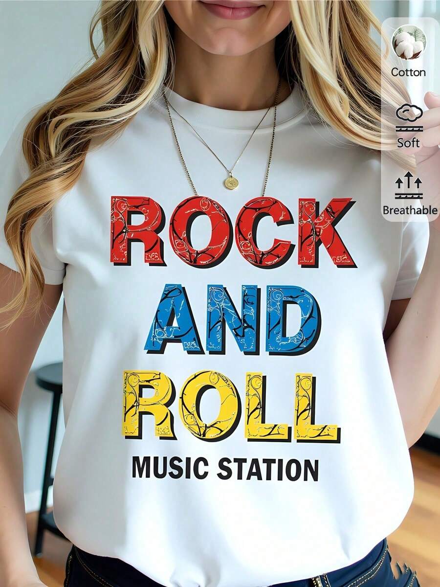Camiseta blanca de mujer 180g, estilo casual, de algodón, con diseño de estampado "Rock and Roll Music Station", cuello redondo, manga corta, ideal para fans de la música y amantes del estilo moderno y juvenil.