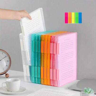 三件套：透明塑料文件盒，多层便携式防水收纳盒，适用于办公室、学校和家庭使用 - 双面文件收纳，带主题标签（粉色、橙色、绿色、蓝色），收纳整理盒