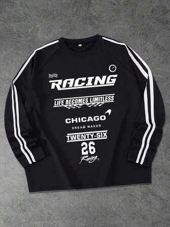 Herr sport- och racingstil vår/sommar collegesportsmode svart långärmad t-shirt med vävda remmar och tryck på engelska bokstäver och siffror 26, lämplig för skolan, vardagskläder, present till pojkvännen