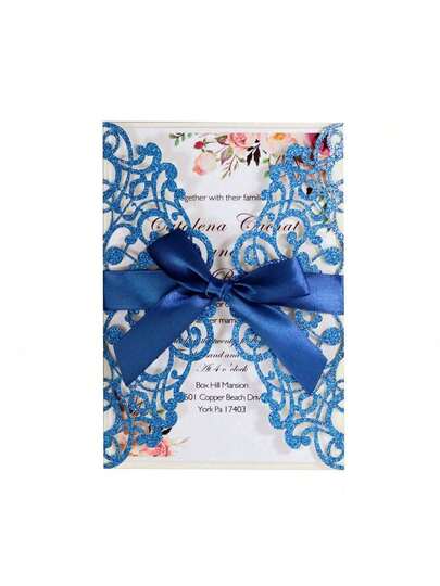 10 buc/pachet de invitații decupate cu laser cu sclipici (include plic + inserție de hârtie perlată goală + fundă), invitații elegante de înaltă calitate, potrivite pentru nunți, petreceri, logodne, sărbători, gale și alte evenimente majore