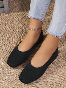 Women's Casual Knit Flat Shoes - Square Toe Slip-On With Tassel Detail, Lightweight Breathable Fabric Upper And Rubber Sole, Suitable For Walking, Home, Outdoor - Olive Green, Black, White, Brown, Comfortable For All Seasons, Casual Slip-On Mules, Synthetic Insole