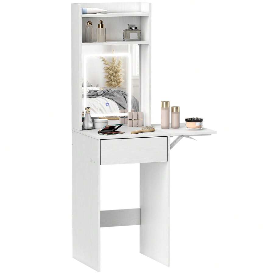 HOMCOM Small Dressing Table With Mirror, Adjustable LED Lights, Drop Leaf Side, Vanity Desk With Open Shelves And Drawer, Compact Makeup Table For Small Spaces, Bedroom, White - White - View 1