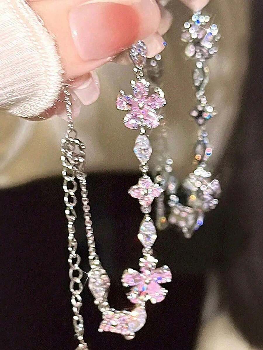 1pc Ins Style Sweet Cherry Blossom Pink Crystal Bracelet For Women