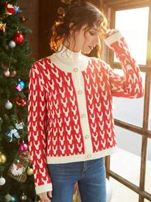 Knit Mix Elegant Women's Autumn/Winter Fashion Casual French Style Round Neck All-Over Print Colorblock Jacquard Front Button Long Sleeve Cardigan - Red - View 4
