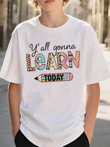 Girls & Boys " Graphic Cotton Tees, Back To School Clothes Girls, Black Colorful Summer Shirts With And Leopard Print, Gift For First Day Of School, Round Neck Short Sleeve T-Shirt, Girls School Clothes, Suitable For Boys And Girls At School Gifts - 白色 - 查看 2