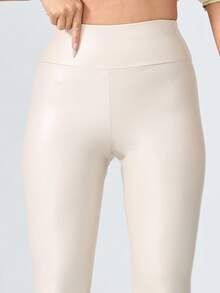 1 Quần legging tập yoga PU co giãn cạp cao màu trơn cho nữ, Quần thể thao nâng mông cho các hoạt động ngoài trời - trắng - Xem 5