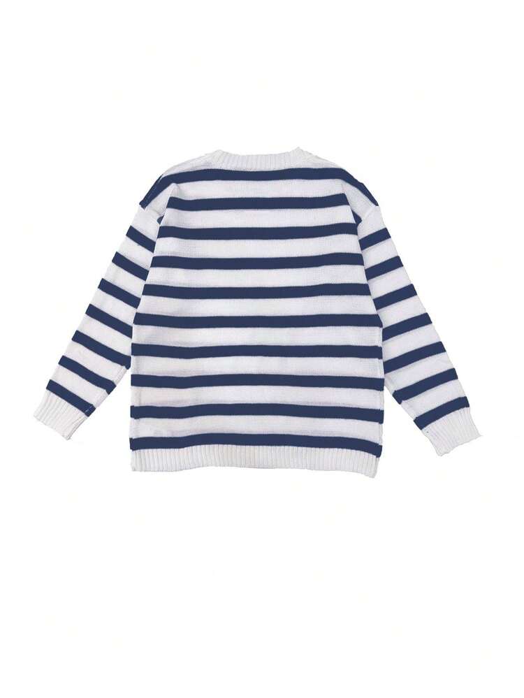 Conjunto de 2 piezas de mujer estilo Y2K lindo, con suéter de manga larga de punto a rayas y shorts con cordón, para uso diario, casual, de primavera y otoño - Azul Marino - Añade 10