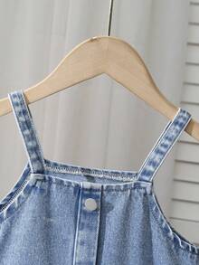 2pcs/Set Girls Casual Denim Jacket And Denim Suspender Dress Outfit, Suitable For Daily Wear, Autumn/Winter New Arrival - Light Wash - View 7