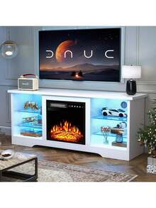 58" Modern Fireplace TV Stand With 18" Fireplace For Living Room, Entertainment Center For TVs Up To 65" With Leg Lights And Adjustable Glass Shelves - White - View 8