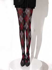 1 Meia-calça feminina sexy com estampa xadrez de losangos, meia-calça retrô da moda, confortável.