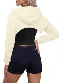 Women Crop Top Pullover Sweatshirt Long Sleeve Drawstring Hoodie - 杏子 - 查看 2
