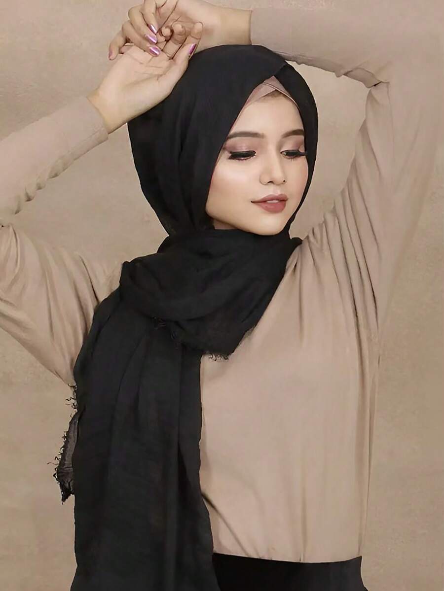 1 chiếc khăn trùm đầu bằng vải lanh trơn màu theo phong cách Hồi giáo Ả Rập, khăn choàng chống nắng bãi biển mềm mại, giản dị - màu đen - Xem 1