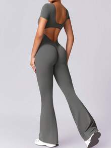 NcmRyu 1 件女士无缝性感露背休闲连体运动短袖喇叭裤 - 灰色 - 查看 9