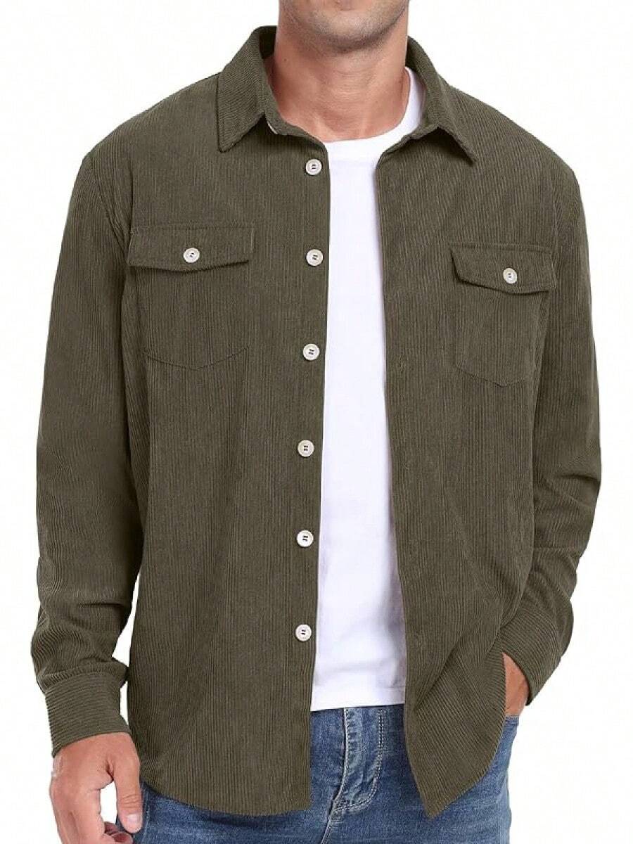 Men's Corduroy Button Down Long Sleeve Casual Shacket Western Shirt With Flap Pockets, 2025 Style - A09 軍綠色 - 查看 1