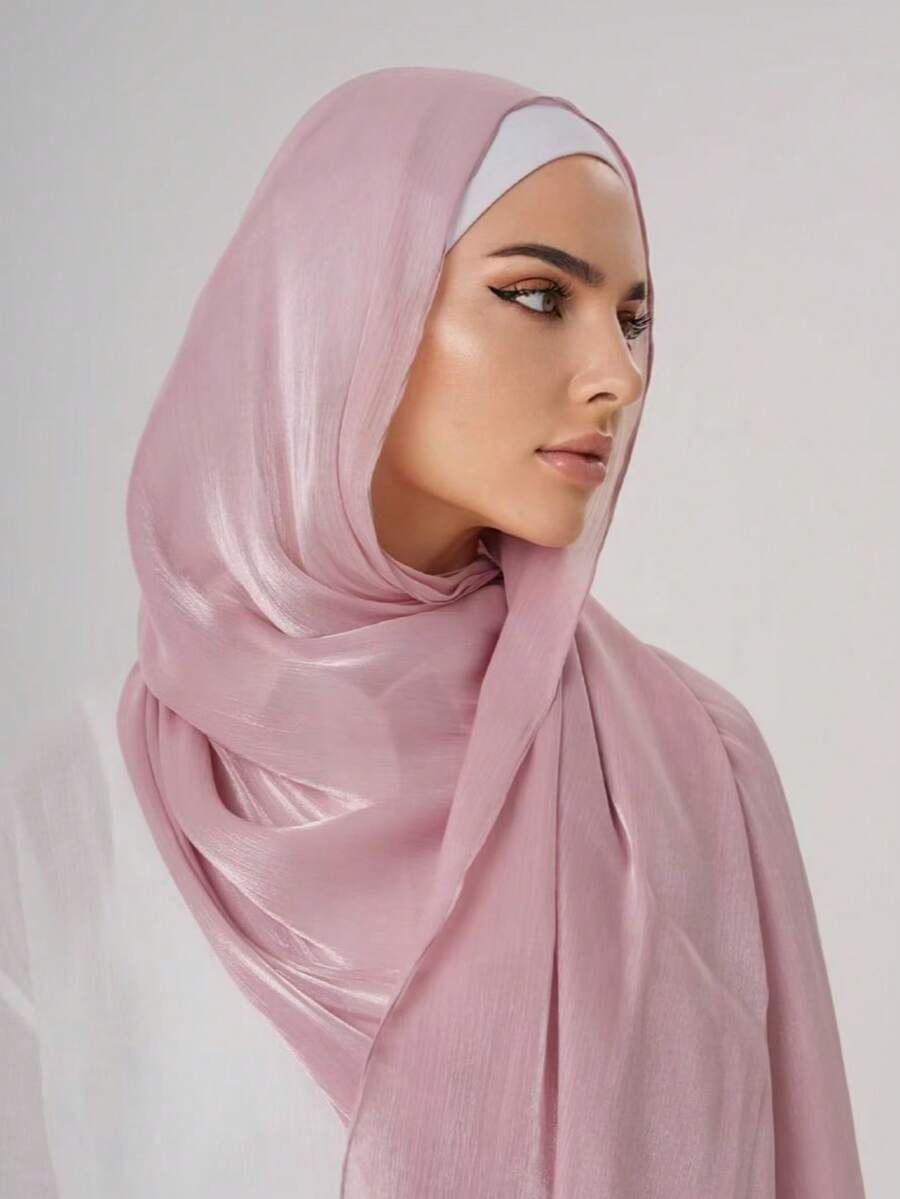1件女款基礎素色絲綢般亮面柔軟頭巾，阿拉伯風休閒長圍巾，SHIMMER HIJAB - 粉色 - 查看 1