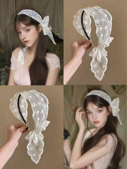 1件蕾丝蝴蝶结发箍，宽檐飘逸森系风格头饰，日常佩戴发饰，秋冬季头饰发带