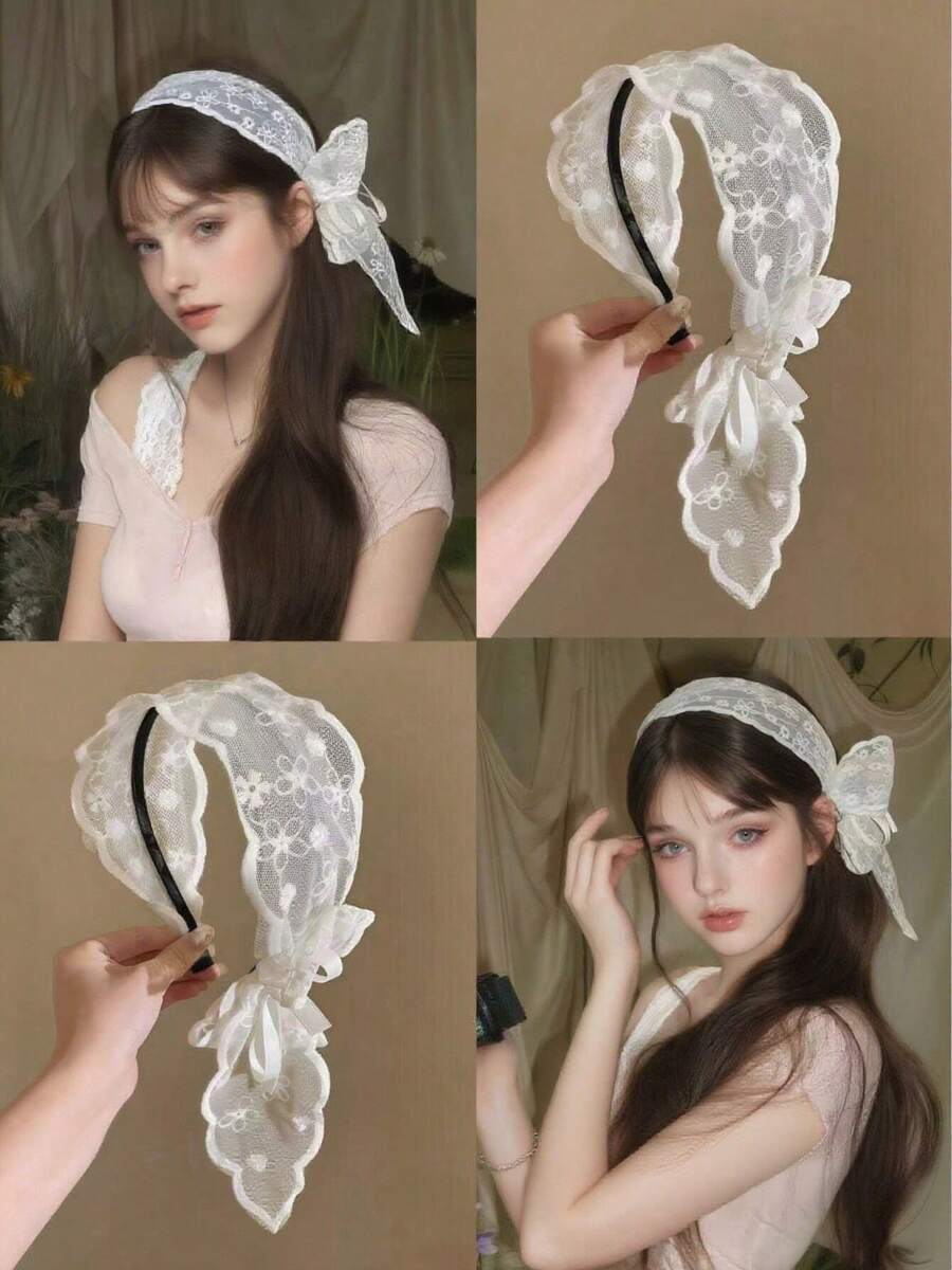 1件蕾丝蝴蝶结发箍，宽檐飘逸森系风格头饰，日常佩戴发饰，秋冬季头饰发带美妆家居发饰 - 彩色 - 查看 1