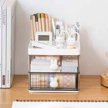 1pc White 2-Layer Drawer Desk Organizer With Pen Holder & Cute Rabbit Handle, Multi-Functional Storage Box For Stationery Or Cosmetics - Easter, Back To School Season Decor (Spring Classroom, Office, Back To School Essentials) Desk Office Supplies Office Accessories - Rectangle - View 10