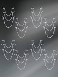 CIZME 3Pcs/Set Silver Rose Gold Nose Chain Piercing Across Nose Stainless Steel 20G L Bone Shaped Nose Ring Chains For Women CZ Nose Studs With Chains Nose Stud Chain Nostril Piercing Jewelry - Nose Chain - View 10