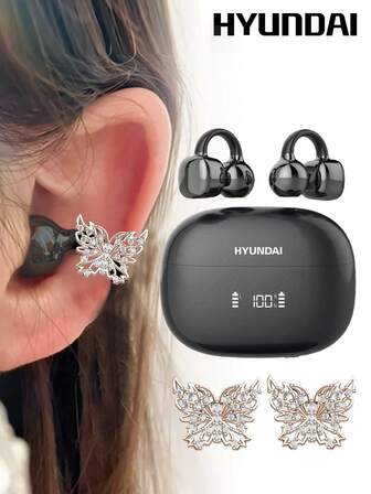HYUNDAI Auriculares Bluetooth HYUNDAI Clipbuds7 de moda con accesorios de auriculares con mariposa, Bluetooth 5.4 con sonido envolvente direccional, muestra el nivel de batería, baja latencia para juegos y música, uso cómodo sin perforación, accesorio de pendiente de moda, regalo para mujeres