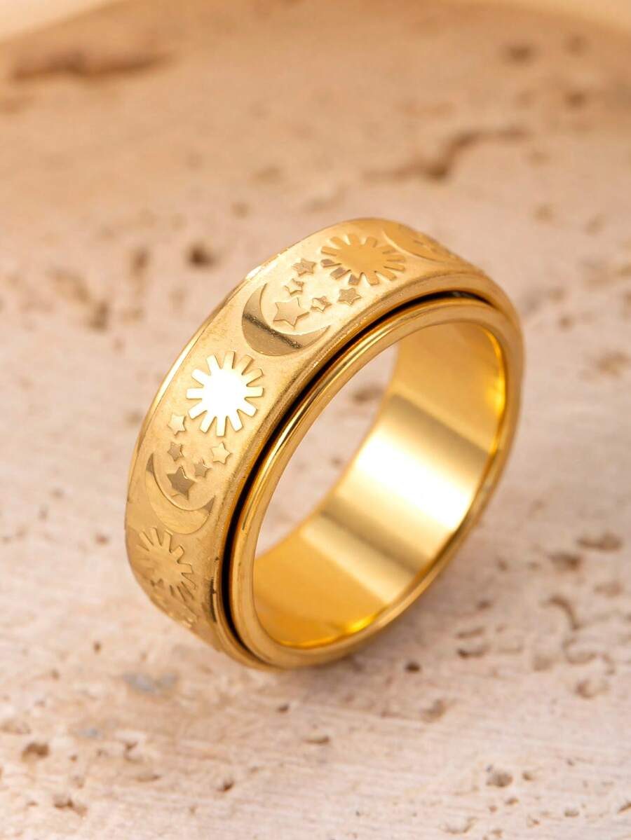 1 件减压不锈钢金色旋转戒指，带星星、月亮和太阳图案，适合男士和女士，日常佩戴，情人节礼物 - 金色 - 查看 1