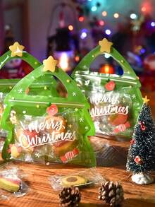 5/25/50 Festive Christmas Gift Bags With Green Handles – Durable Plastic Gift Bags Suitable For Candies, Chocolates, And Cookies – Featuring Santa Claus, Christmas Tree, And Snowflake Designs, Ideal For Festive Gift Packaging, Christmas Eve Treats, And Holiday Decorations Christmas Christmas Decorations Christmas Pajamas Christmas Gifts Christmas Decor