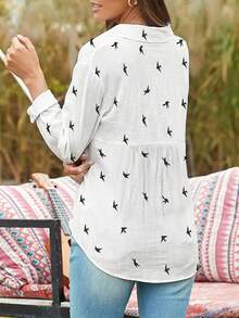 Plus Size Women's Casual Bird Print Music Festival Lapel Buttoned Long Sleeve Shirt, Spring & Summer